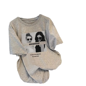 Loose fit grey cotton T-shirt with black and white photography print for women
