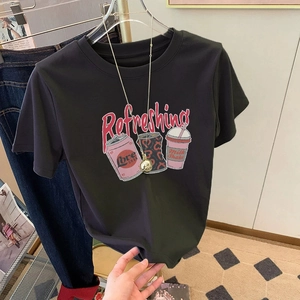 Damen Casual Baumwolle T-Shirt Locker Passform Rundhals Kurzarm Oberteil Mit Refreshing Soda Cartoon Grafik Druck