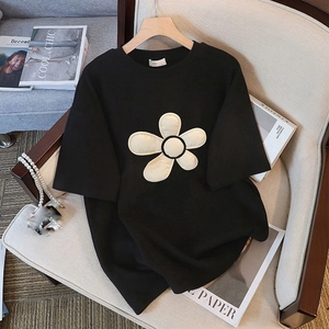 Maglietta in Cotone Donna con Patch a Fiori 3D Manica Corta Girocollo Casual Comoda Tinta Unita Nero Chic Top Estivo