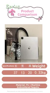 Size comparison of silver sequined tote bag next to an iPad showing 37x13x20cm dimensions