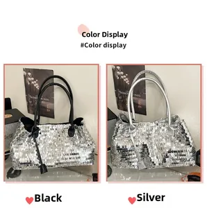 Comparison of black and silver sequined tote bags with metallic reflective surface