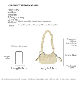 Vue détaillée du sac à main en cuir PU beige avec dimensions et design plissé