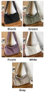Detailed overview of casual canvas messenger bags in black, green, purple, white and grey