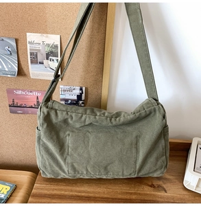 Detailed view of an olive green canvas crossbody bag with adjustable strap on a wooden desk