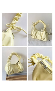 Vues détaillées du sac à main jaune clair avec poignée plissée et zip cœur