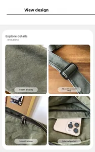 Detailed views of army green canvas bag featuring adjustable strap and smooth zipper closure