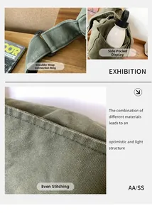 Detail of army green canvas messenger bag showing reinforced stitching and side pocket
