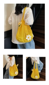 Detailed views of yellow mesh woven tote bag with a white daisy floral accent