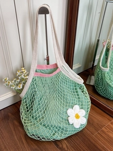 Handmade Cotton Knitted Flower Tote Bag For Women Hollow Out Crochet Mesh Shopping Bag With Daisy Decoration Beach Handbag