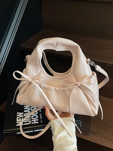 Women Glossy PU Leather Dumpling Bag With Bow Decor Stylish Handbag Versatile Crossbody Bag Sweet Fashion Tote For Daily Use