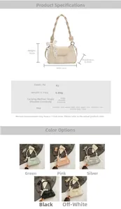 Detailed size guide and color options for the woven strap shoulder bag with bow