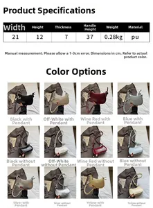 Size chart showing 21x12x7cm dimensions for pleated PU leather underarm shoulder bag