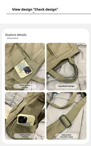 Détails du sac fourre-tout en toile vert armée avec poche avant et bandoulière