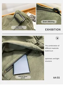 Makroaufnahme der armeegrünen Canvas-Tasche mit verstellbarem Riemen und Reißverschlussfach
