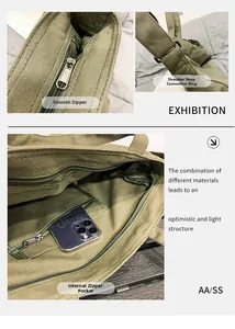 Détails d'un sac fourre-tout en toile vert armée avec fermeture éclair et crochets de sangle