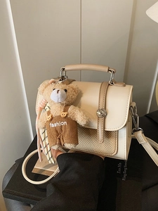 Retro Women PU Leather Crossbody Bag Small Square Satchel With Bear Charm Color Contrast Fashion Top Handle Shoulder Bag