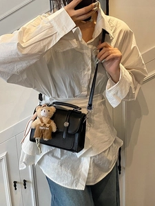 Retro black leather crossbody box bag with silver buckle and cute teddy bear pendant