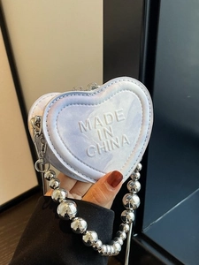 Trendy Women Heart Shaped Mini Crossbody Bag PU Leather Handbag With Metal Ball Chain Embossed Letters Small Shoulder Bag