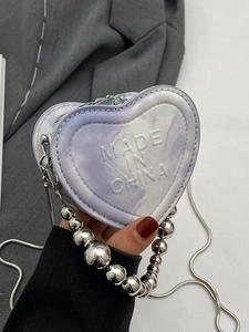 Mini heart-shaped purple marble pattern crossbody bag with silver beaded handle