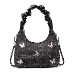 Borsa a spalla in tweed con farfalle argentate e dettaglio manico a pieghe