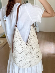 Women Large Capacity Straw Woven Tote Bag Handmade Crochet Hollow Shoulder Bag Bohemian Beach Vacation Hobo Bag Adjustable Leather Strap