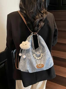 Blue floral canvas hobo bag with pearl chain strap and plush cloud charm for women