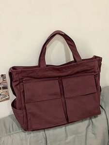 Grand sac cabas en toile bordeaux avec deux poches avant pour les cours et le travail