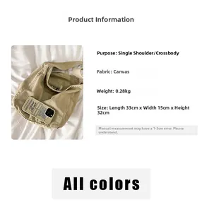 Detail view of khaki canvas tote showing dimensions 33x15x32cm and 0.28kg lightweight specs