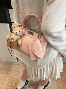 Pink minimalist single shoulder square bag with metal lock and cute bear doll pendant