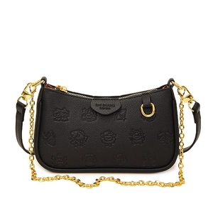 Sac sous le bras chic en cuir noir à motif litchi avec gaufrage et chaîne dorée