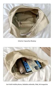 Detail of canvas tote interior with zipper pocket and large storage capacity