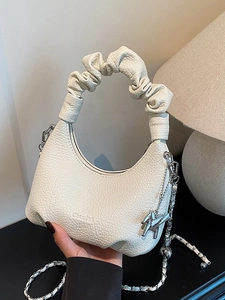 Sac Hobo Femme Minimaliste Urbain Texture Litchi Simili Cuir Poignée Plissée Sac Bandoulière Avec Pendentif Cheval Chaîne