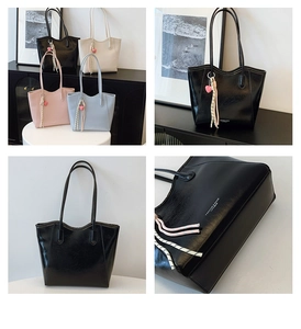 Close-up of high-quality PU leather tote bags in four trendy colors with heart pendants