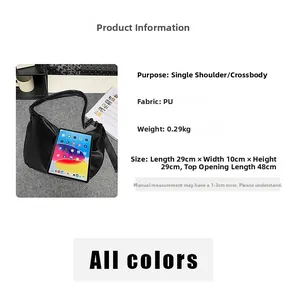 Detail view of a black PU hobo bag with size comparison to a tablet and specification list