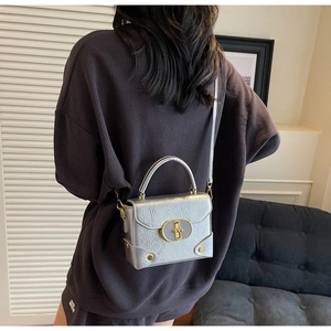 Petit sac carré argenté à texture froissée et fermoir doré porté par le mannequin