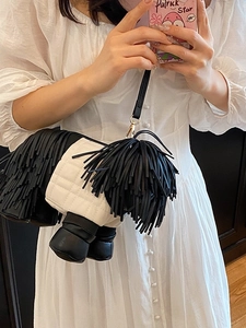 Creative black and white sheepdog crossbody bag with fringe tassels and quilted leather