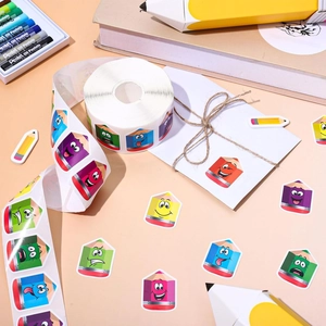 Macro shot of colorful cartoon pencil-shaped stickers on a roll for children decorations