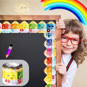Close-up of colorful cartoon pencil bulletin board borders in a classroom setting