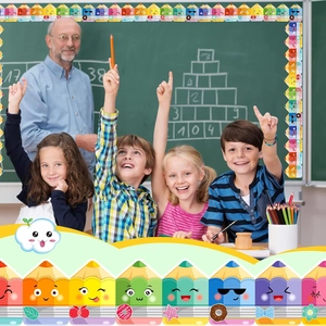 Vibrant cartoon pencil bulletin board borders for classroom decor with funny faces