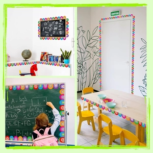Rainbow scalloped border sticker applied to classroom bulletin boards and office desks