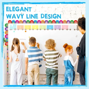 Rainbow wavy line bulletin board border decor in classroom setting with teacher and kids