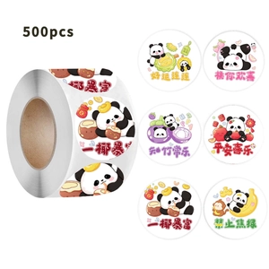 Detail showing 500pcs roll of cartoon panda stickers with various fruit designs