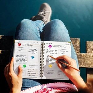 Detail eines Spiralplaners mit Sternenaufklebern, Aufgabenlisten und Wasser-Tracker