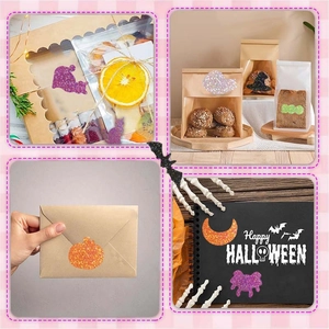 Adesivi olografici di Halloween con zucca, gatto e pipistrello per sigillare regali festivi