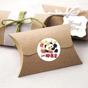 Kraft paper pillow gift box with cute panda stickers and rustic hemp rope decoration
