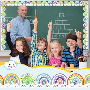 Rainbow classroom border stickers for bulletin boards with clouds and star patterns