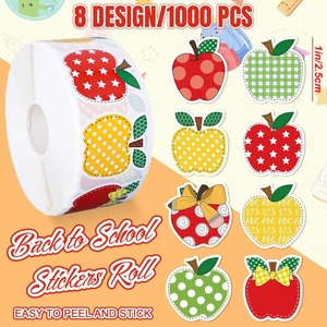 Detail of 1000pcs apple-shaped back to school stickers with 8 colorful patterns on roll