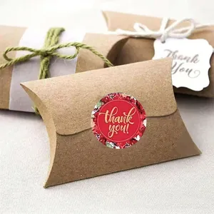 Floral red Thank You stickers roll on kraft paper pillow box with elegant rustic decor