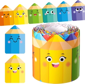 Roll of colorful pencil-shaped border stickers with cute cartoon emoji faces for classrooms