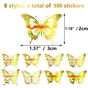 Detail of 8 butterfly sticker styles with metallic finish for gift sealing and DIY crafts